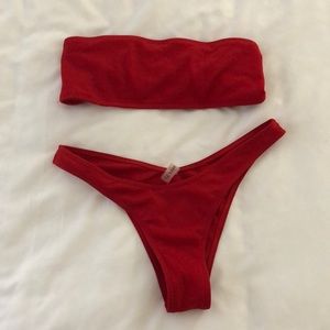 Red strapless bikini. Ties in back